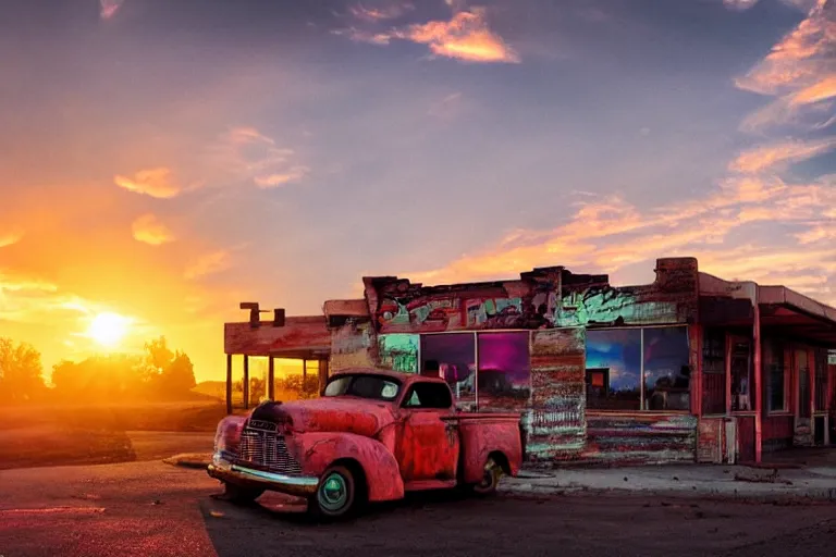 Image similar to a sunset light landscape with historical route 6 6, lots of sparkling details and sun ray ’ s, blinding backlight, smoke, volumetric lighting, colorful, octane, 3 5 mm, abandoned gas station, old rusty pickup - truck, beautiful epic colored reflections, very colorful heavenly, softlight