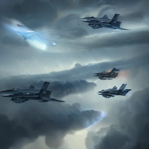 Image similar to f 3 5 jets in the storm clouds of jupiter, by cedric peyravernay, highly detailed, excellent composition, cinematic concept art, dramatic lighting, trending on artstation