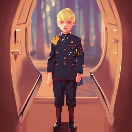 Image similar to portrait of blonde little boy wearing nazi uniform by ilya kuvshinov and anna dittmann and studio ghibli and wlop and rossdraws, digital art, trending on artstation, anime arts, featured on pixiv, red lighting, hd, 8 k, highly detailed, good lighting, beautiful, epic, masterpiece