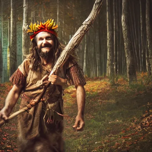 Image similar to hippie tribal hobo wearing twigs and leaves smiling sheepishly, riding tiny scuffy donkey with novelty oversized antlers, autumn forest, highly detailed, dramatic lighting, night time, cinematic, hyperrealistic, detailed, movie still from game of thrones