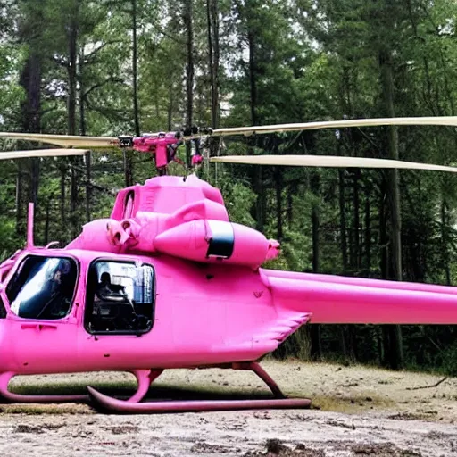 Prompt: a pink attack helicopter that is landed on a helipad in the middle of the forest, post-apocalyptic setting,