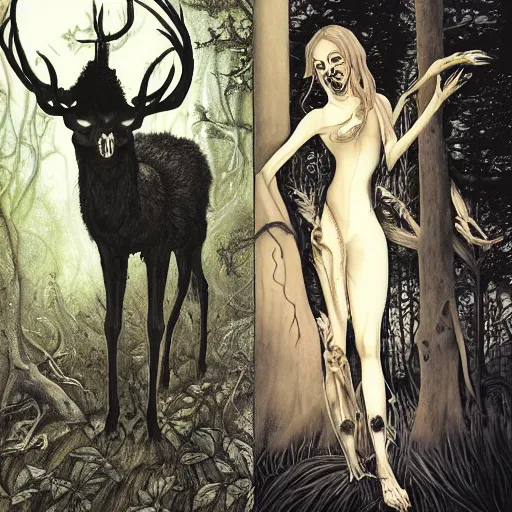 Image similar to an epic horrific wiccan gothic painting of a mother - nature witch cult woman wearing a deer skull, in a moonlit forest by gerald brom by junji ito by vanessa lemen by charlie bowater