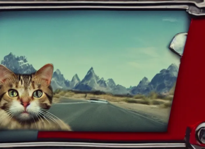 Image similar to A very high resolution image from a new movie, a cat driving a car around, inside of a car , mountains, Polaroid, directed by wes anderson