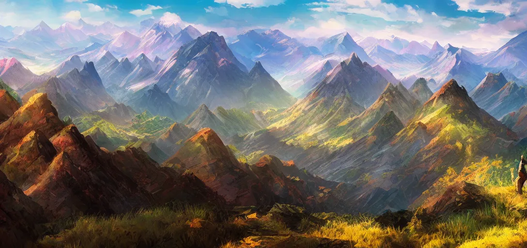 Image similar to vast mountain landscape, craggy mountains, magic the gathering, three - colors, three - color color palette, panoramic, wide angle, horizon, highly detailed