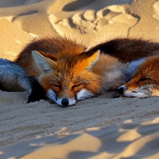 Prompt: foxes sleeping on a beach on a sunny day, sand and water, peaceful ambience