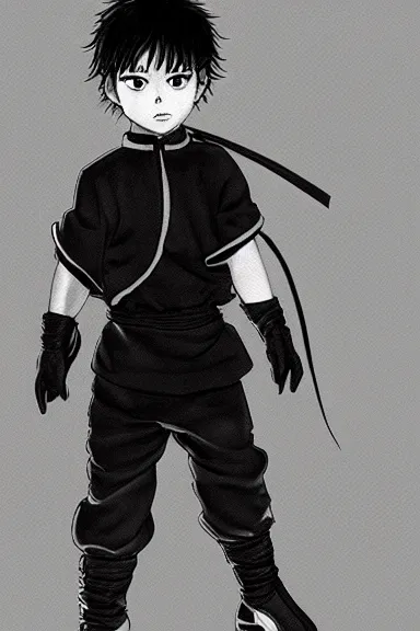 Prompt: attractive little boy wearing an ninja suit, black and white artwork made by kentaro miura