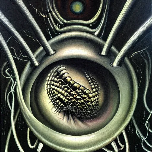 Prompt: peer into the depths of the endless cosmic void, shine a light on your darkest terror. hr giger, oil on canvas