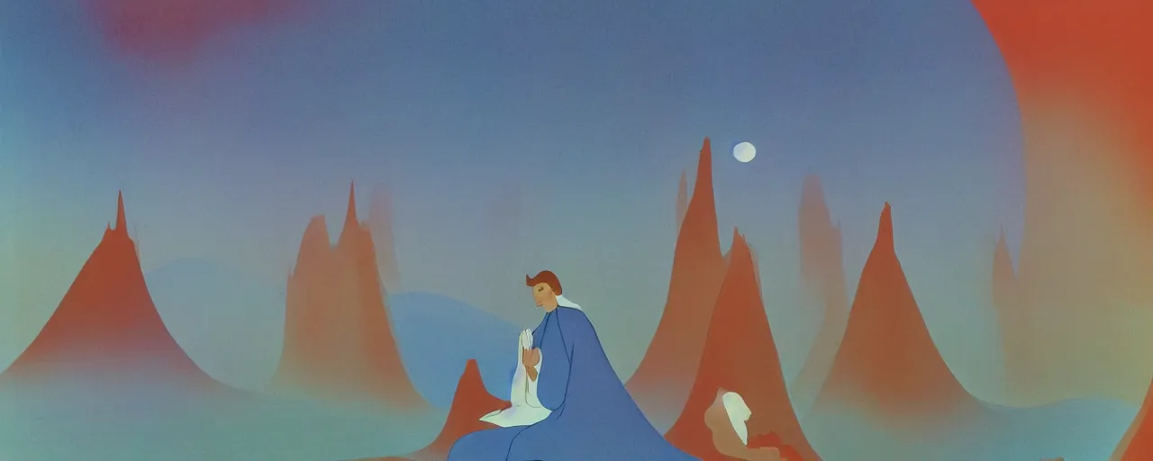 Prompt: deep golden sand desert, oasis, water lake, mirage, sand mists, red sandstone natural sculptures, desert flowers, subtle color variations, wind, a white robed benevolent magician clothed in a royal garment in contemplation meditating upon God, by Eyvind Earle and Mary Blair
