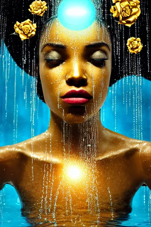 Image similar to hyperrealistic post - futurist cinematic profile very expressive! black oshun goddess, in water! up to shoulders, mirror dripping droplet!, gold flowers, highly detailed face, digital art masterpiece, smooth eric zener cam de leon, dramatic pearlescent turquoise light on one side, low angle uhd 8 k, shallow depth of field