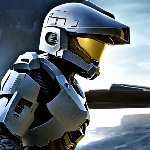 Prompt: film still of Joseph Gordon Levitt as master chief, holding helmet in new halo film, 4k