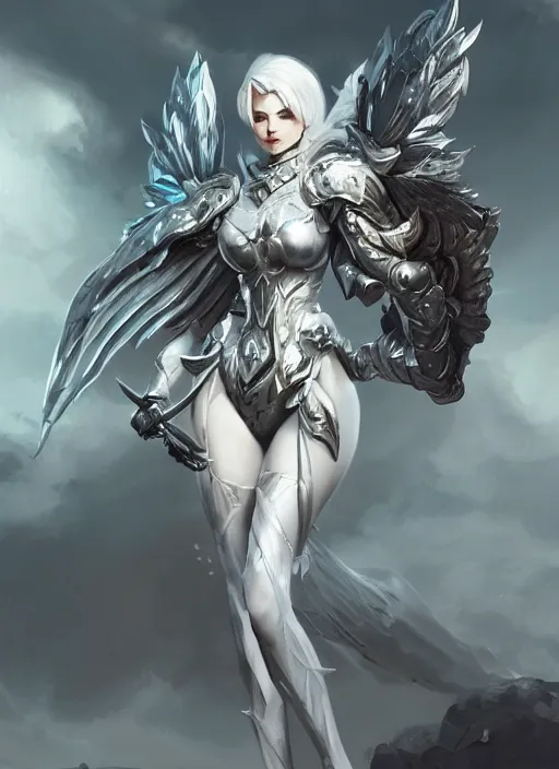 Prompt: a highly detailed illustration of white haired pale lady wearing dieselpunk armor dress with iron wings, dramatic floating pose, intricate, elegant, highly detailed, centered, digital painting, artstation, concept art, smooth, sharp focus, league of legends concept art, wlop