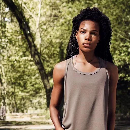 Prompt: realistic photoshooting for a new nike lookbook color film photography portrait of a beautiful woman model wearing a taupe pelagia tank top, photo in style of tyler mitchell