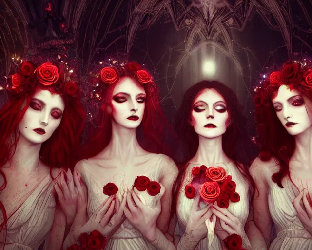 Image similar to three stunning otherworldly gothic goddesses with beautiful angelic faces, wearing psychedelic wicca, in wedding dresses, red neon roses, full body, dark and mysterious, atmospheric, ominous, eerie, cinematic light, epic, 8 k 3 d, ultra detail, ultra realistic, by wlop, by mucha