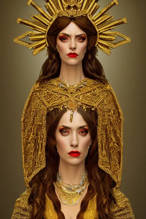 Image similar to Portrait of historically accurate, ancient biblical, sultry, sneering, evil, pagan, wicked, queen jezebel, wearing gilded robes, long hair, intricate, elegant, highly detailed, masterpiece, illustration, art Russian Cubism, highly detailed, trending on artstation, award winning