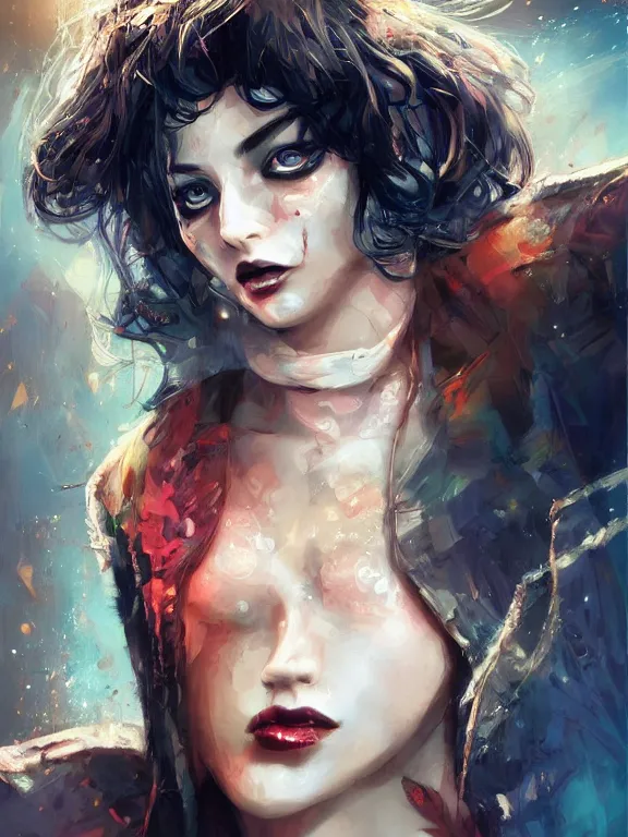 Image similar to digital illustration of a girl with eyes that burn like cigarettes wearing a short skirt and a long jacket with fingernails that shine like justice, dramatic lighting, photorealistic, full body shot, extreme detail, 4 k, colorful, artgerm and craig mullins