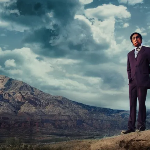 Image similar to Raj Koothrappali as Saul Goodman, promo poster, clouds in the background, cinematic light, 35 mm, film grain, movie, realistic, detailed face