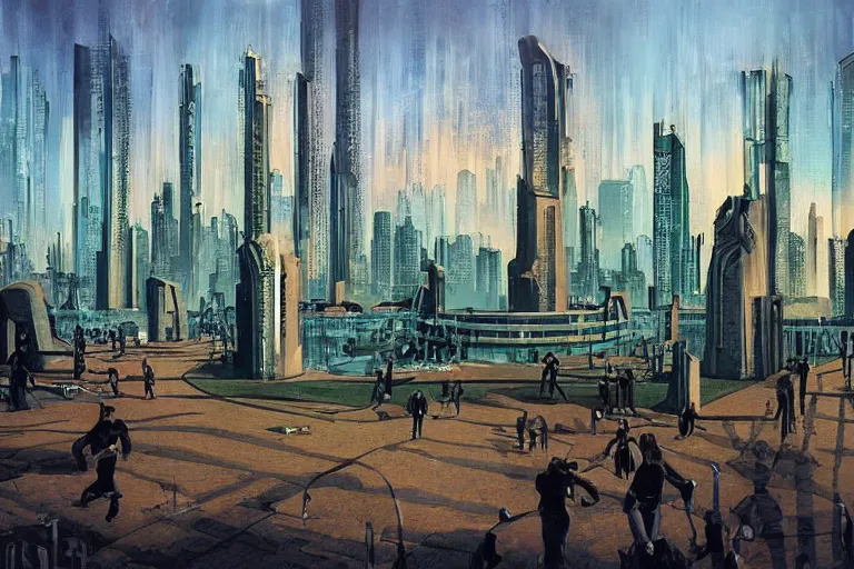 Image similar to city park surrounded by a tall defense wall. art in cyberpunk style by dali, and vincent di fate