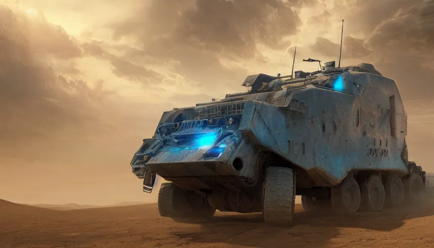 Prompt: an image of an armored vehicle in the desert with blue headlights on by Paul Chadeisson, atmospherical, concept art, high detail, intimidating , cinematic, sun flare, dust storm , Artstation trending, octane render