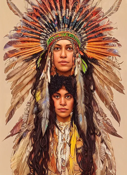 Prompt: portrait of Cree Summer as beautiful native american woman wearing an elaborate headdress, intricate, elegant, highly detailed, centered, digital painting, artstation, concept art, smooth, sharp focus, illustration, art by android jones and donato giancola and alphonse mucha