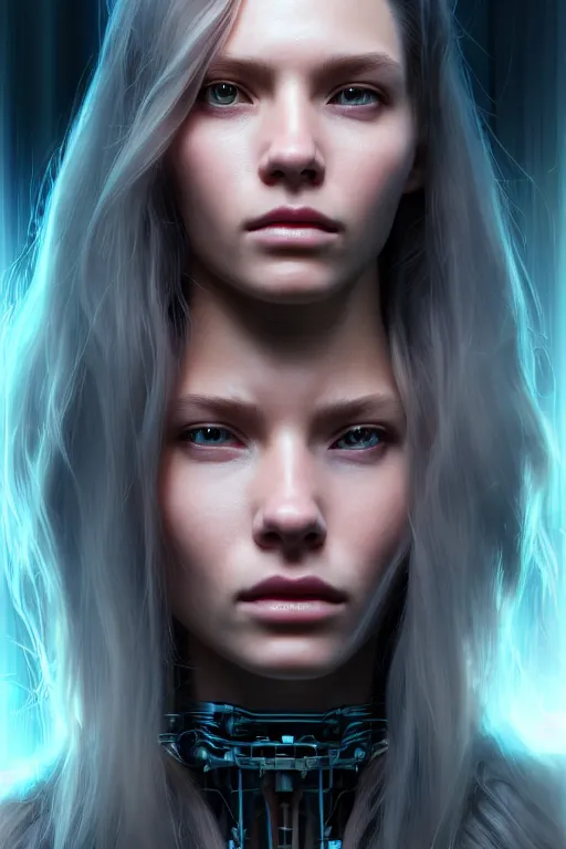 Prompt: a portrait of a beautiful 28th century super cool post-human female very young with long hair, barely human and largely biomechanical cyberpunk, hyper-realistic, very detailed unreal engine, by Artgerm, WLOP and Ross Thran, dramatic cinematic lighting rendered by octane, 8k, detailed, trending on artstation, deviantart google images, pinterest