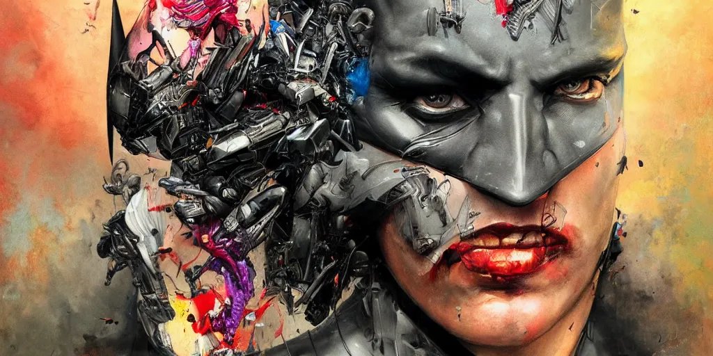 Prompt: dream portrait of Batman, cameras, melting ,8k,by tristan eaton,Stanley Artgermm,Tom Bagshaw,Greg Rutkowski,Carne Griffiths, Ayami Kojima, Beksinski, Giger,trending on DeviantArt,face enhance,hyper detailed,minimalist,cybernetic, android, blade runner,full of colour