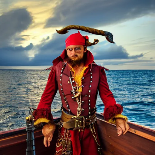 Prompt: a red - skinned horned male tiefling pirate wearing a pirate coat with shiny gold buckles and a rapier on his hip, standing at the prow of his ship looking out over the water, uhd, high detail, sunset lighting