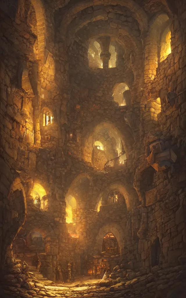 Image similar to a digital painting of a fantasy medieval dungeon by justin gerard, paul bonner, highly detailed, volumetric lighting, digital art, artstation hd