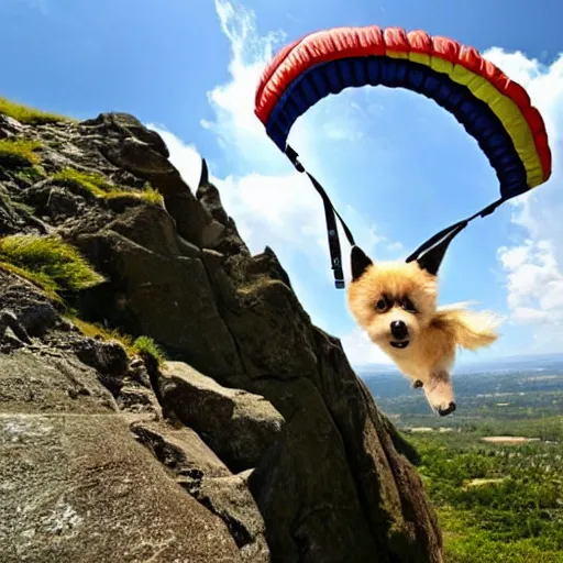 Image similar to a hairy dog jumping from a cliff with a parachute