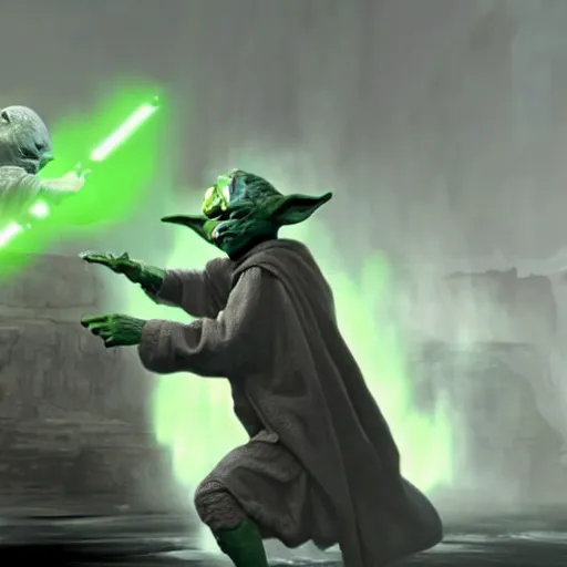 Prompt: Yoda fighting Darth Vader, Cinematic, epic, awe inspiring, highly detailed, ultra realistic, ray traced