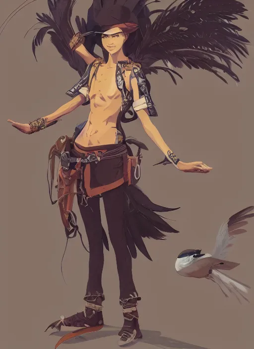 Image similar to concept art painting of an androgynous bird person with human face and black feathers, pirate clothes, by the ocean, detailed, cel shaded, in the style of makoto shinkai and james gurney and moebius and greg rutkowski and artgerm