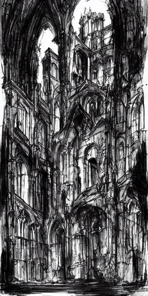 Prompt: a brilliant expressive ink sketch of a gothic ruin by josep tapiro baro in the style of romanticism art, dynamic lighting