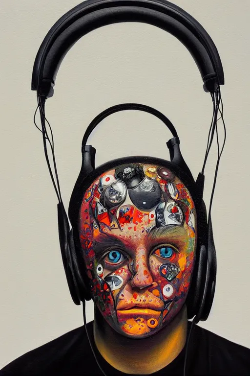 Image similar to hyperrealism surrealism acrylic painting, close - up portrait of bowling ball - with big headphones and a mime sweater, aerosol splashes on paper background, art by jeff soto