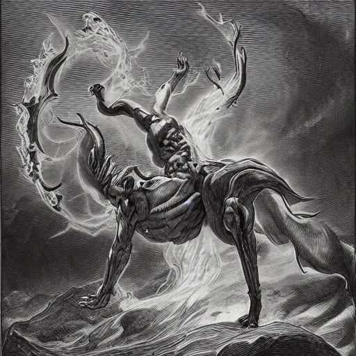 Image similar to full body grayscale drawing by Gustave Dore of muscled horned humanoid beast in heroic pose, swirling flames in background