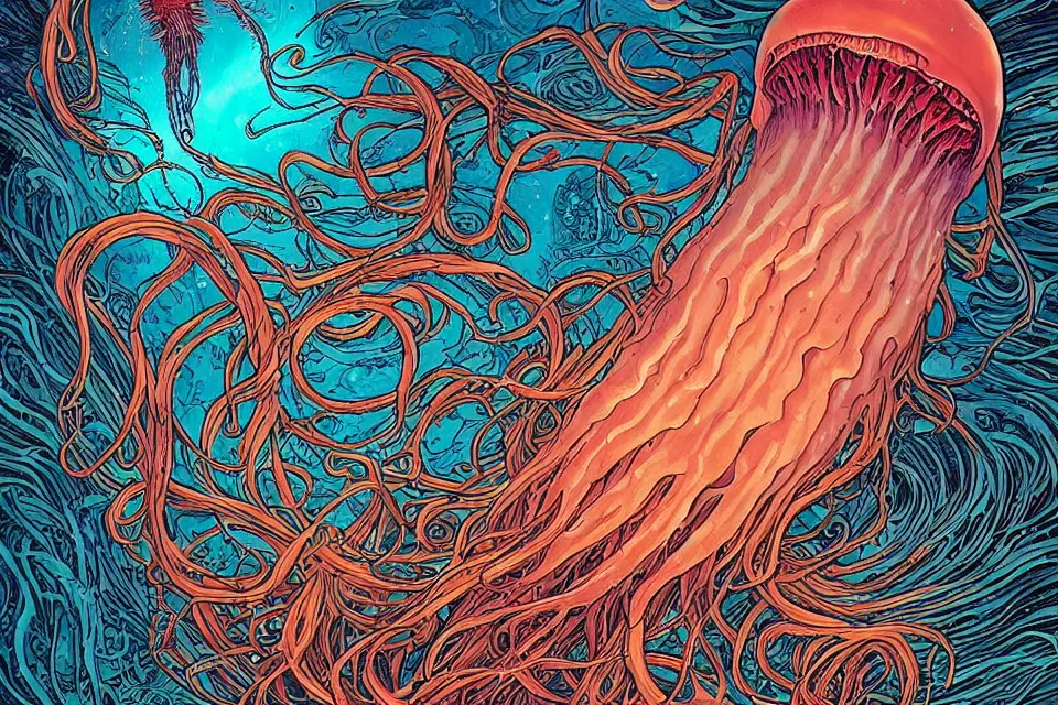 Image similar to a beautiful ultradetailed comic cover art of a gigantic glowing layered jellyfish creatures with long flowing tendrils, by Laurie Greasley and Peter Mohrbacher and Quentine Mabilles and Dan Mumford, tarot card art, detailed, dramatic lighting