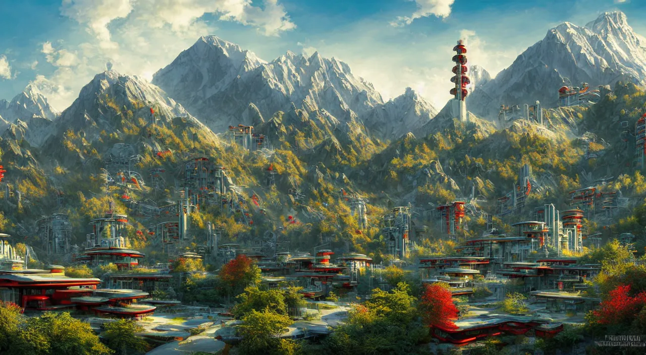 Image similar to futuristic sci-fi city under Kashmir mountains, mosques made of wood in ornate style, and hill valley grec greeble glory island little wood bridge painting of tower, maple with red leaves, and cottages ivy plant in marble late afternoon light, wispy clouds in a blue sky, by frank lloyd wright and greg rutkowski and ruan jia