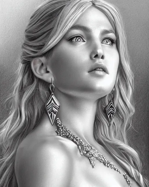 Prompt: pencil drawing of a beautiful greek goddess aphrodite with arrowhead earrings, beautiful piercing eyes, beautiful blonde hair, hyper realistic face, in the style of greg rutkowski, fantasy, amazing detail, epic, elegant, smooth, sharp focus, from the front