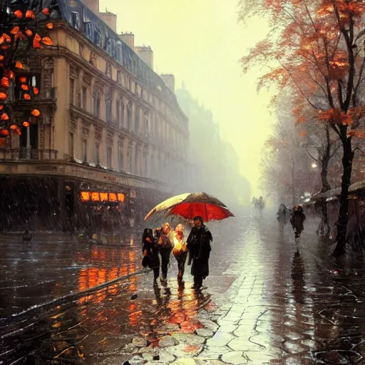 Image similar to autumn in paris, ornate, beautiful, atmosphere, vibe, mist, smoke, fire, chimney, rain, wet, pristine, puddles, melting, dripping, snow, creek, lush, ice, bridge, forest, roses, flowers, by stanley artgerm lau, greg rutkowski, thomas kindkade, alphonse mucha, loish, norman rockwell