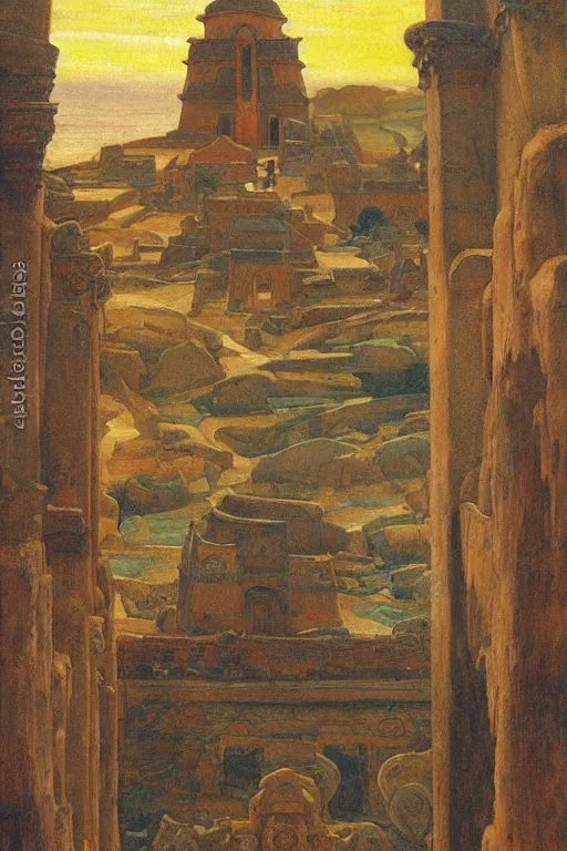 Image similar to ancient city by the sea by Annie Swynnerton and Nicholas Roerich, strong dramatic cinematic lighting , ornate architecture, lost civilizations, smooth, sharp focus, extremely detailed