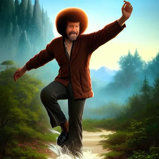 Image similar to bob ross!!! riding!!! a dinosaur!!, giant afro!, model pose, ultra realistic, concept art, intricate details, highly detailed, photorealistic, octane render, 8 k, unreal engine. art by artgerm and greg rutkowski and alphonse mucha