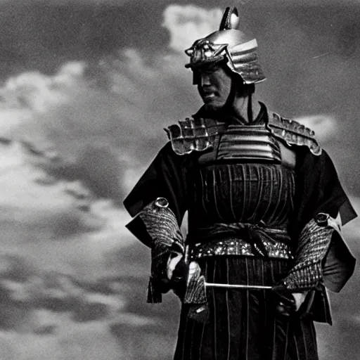 Image similar to film still of goldberg as samurai, cinematic, hollywood scene,