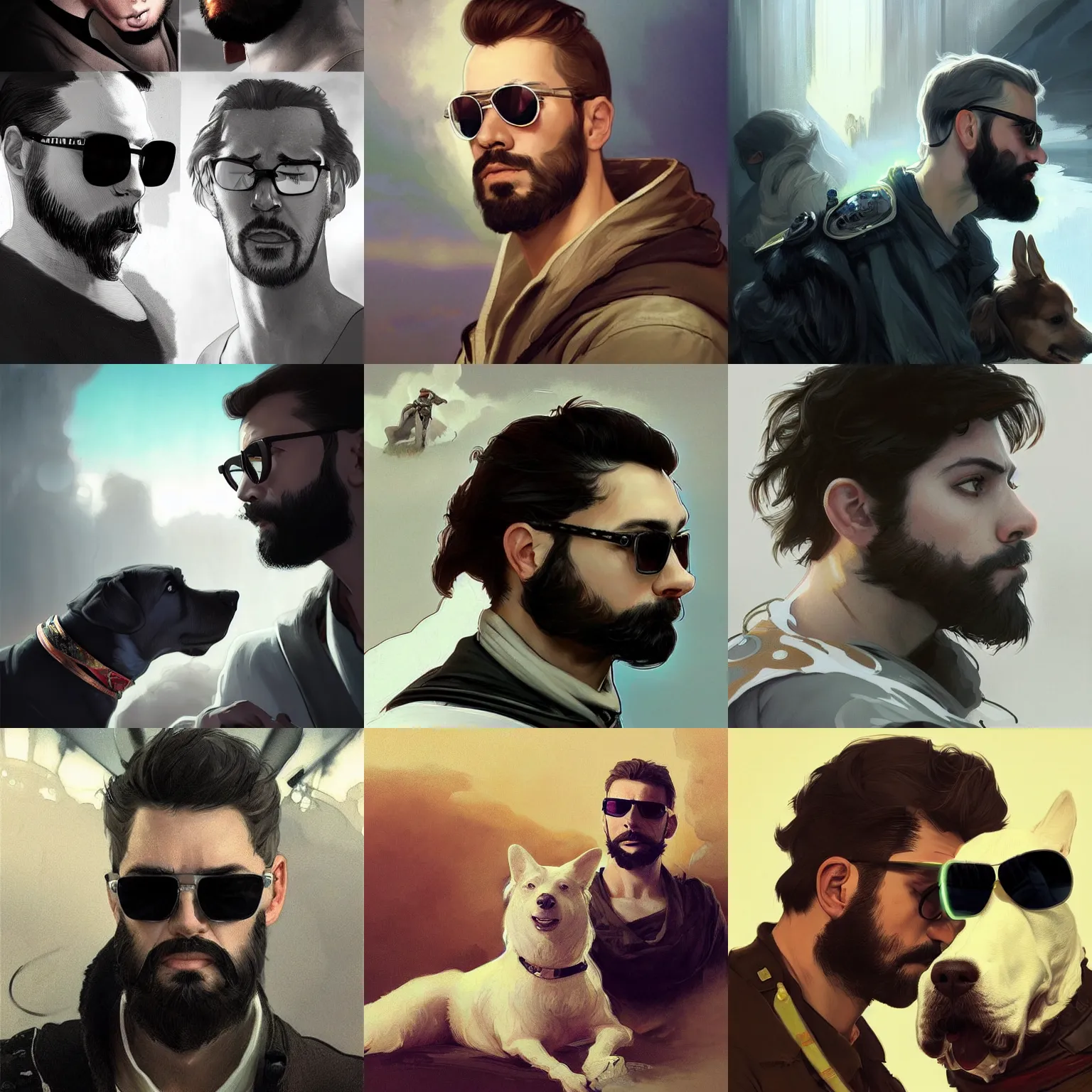 Prompt: an epic portrait of a man and white maltanese dog, cute white maltanese dog and handsome short black hair pilot with full beard and sunglasses, few gray, striking eyes, concept art, symmetrical eyes, trending in artstation, moody lighting, neon color scheme, by artgerm, Alphonzo Mucha and Illya Repin and Craig Mullins