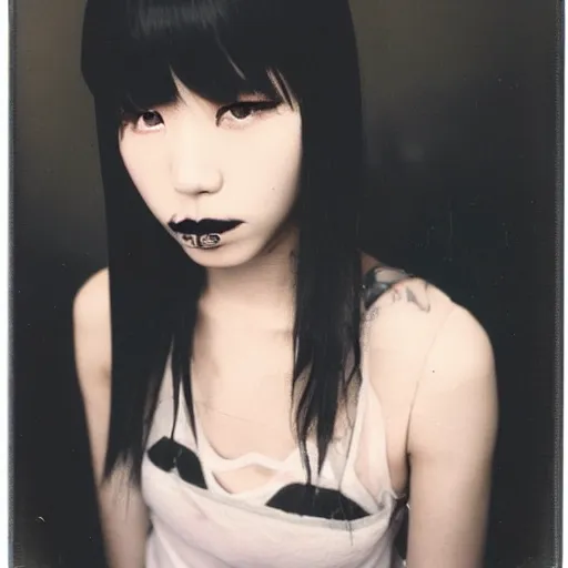 Image similar to atmospheric upper body polaroid photograph of female japanese model in emo makeup, long hair, fringe