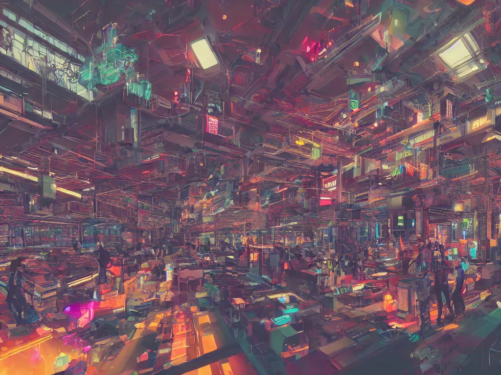 Prompt: cyberpunk factory filled with drone workers, busy, colorful, beautiful, ornate, trending on artstation, award winning painting, glitchwave, vaporwave