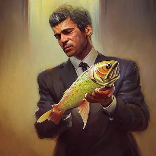 Image similar to A beautiful oil painting of a lawyer in court holding a trout, by Lucas Graciano, Frank Frazetta, Greg Rutkowski, Boris Vallejo, epic fantasy character art, Exquisite detail, post-processing, low angle, masterpiece, cinematic