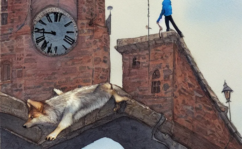 Prompt: a boy fighting a wolf on the edge of a clocktower, by oliver jeffers, watercolor, print