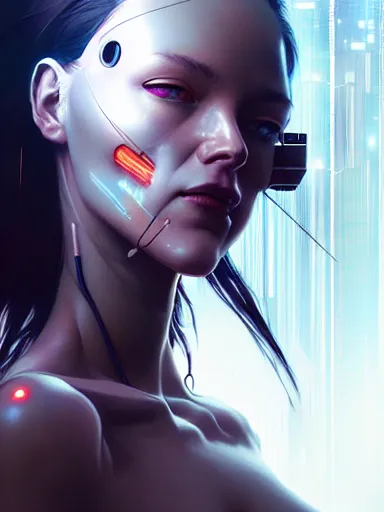 Image similar to the birth of cyborg venus : : illustrated by artgerm, karol bak, greg rutkowski, yoji shinkawa : : hyperrealism, cyberpunk, holographic, glitchcore, ghost in the shell, digital art, illustration, concept art, character design, weta, wlop, artstation