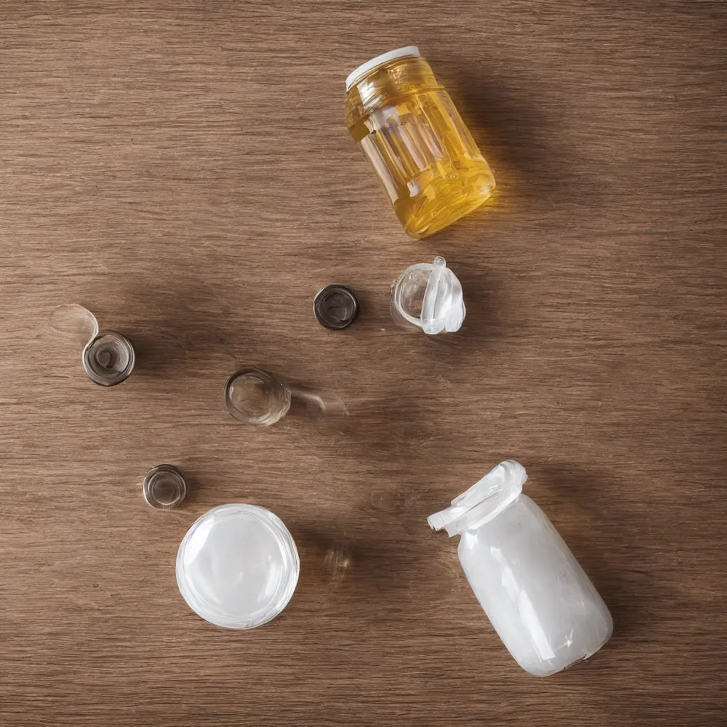 Image similar to 30-degree view of a medicine bottle on top of a wooden table, 8k, high detail, photorealistic, proper shading