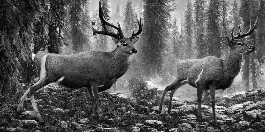 Image similar to deer getting overgrown by roots, edelweiss growing on his fur, forest, dolomites, alpine, detailed intricate insanely detailed octane render, 8k artistic 1920s photography, photorealistic, black and white, chiaroscuro, hd, by David Cronenberg, Raphael, Caravaggio