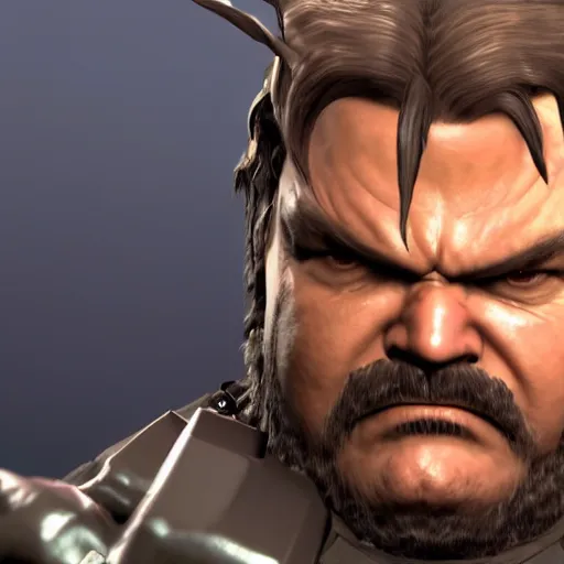 Image similar to Jack Black as a Metal Gear Solid Villain 2005 JRPG cinema 4d render, Ray tracing reflection, natural lighting, Unreal Engine award winning photography