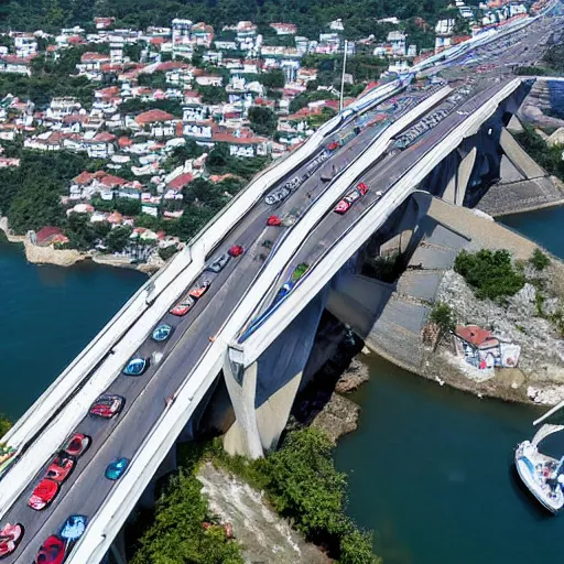 Image similar to drone image of bumper-to-bumper traffic on Tuzla Island Crimea Bridge